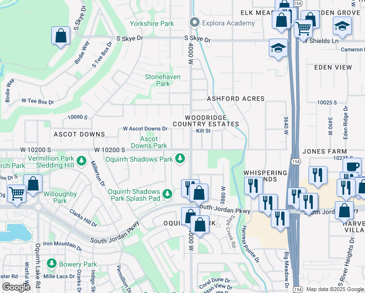 map of restaurants, bars, coffee shops, grocery stores, and more near 10192 Ascot Downs Court in South Jordan