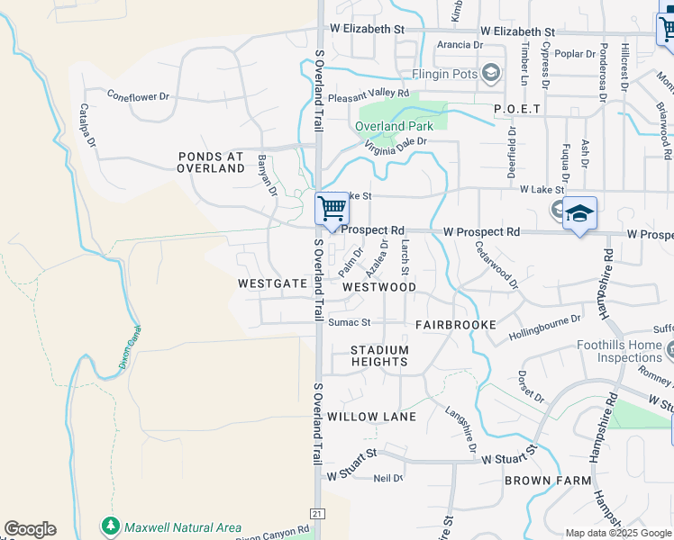map of restaurants, bars, coffee shops, grocery stores, and more near 1713 Palm Drive in Fort Collins