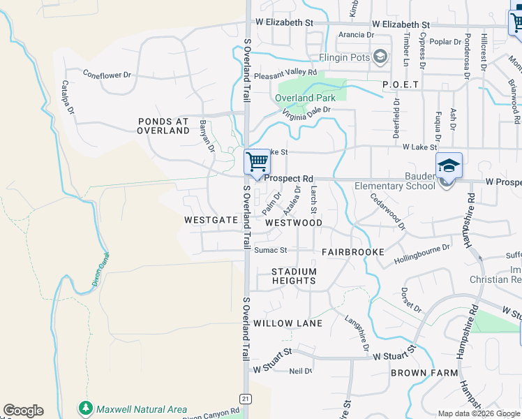 map of restaurants, bars, coffee shops, grocery stores, and more near 1713 Palm Drive in Fort Collins