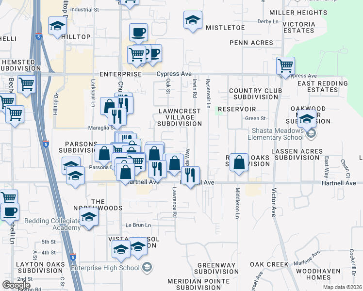 map of restaurants, bars, coffee shops, grocery stores, and more near 2846 Alfreda Way in Redding
