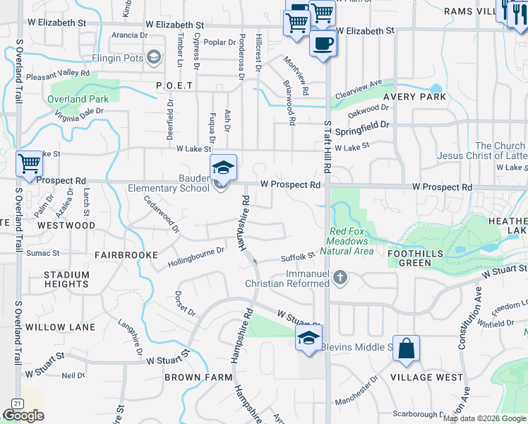 map of restaurants, bars, coffee shops, grocery stores, and more near 2224 Coventry Court in Fort Collins