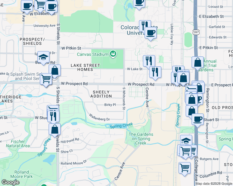 map of restaurants, bars, coffee shops, grocery stores, and more near 822 Juniper Lane in Fort Collins