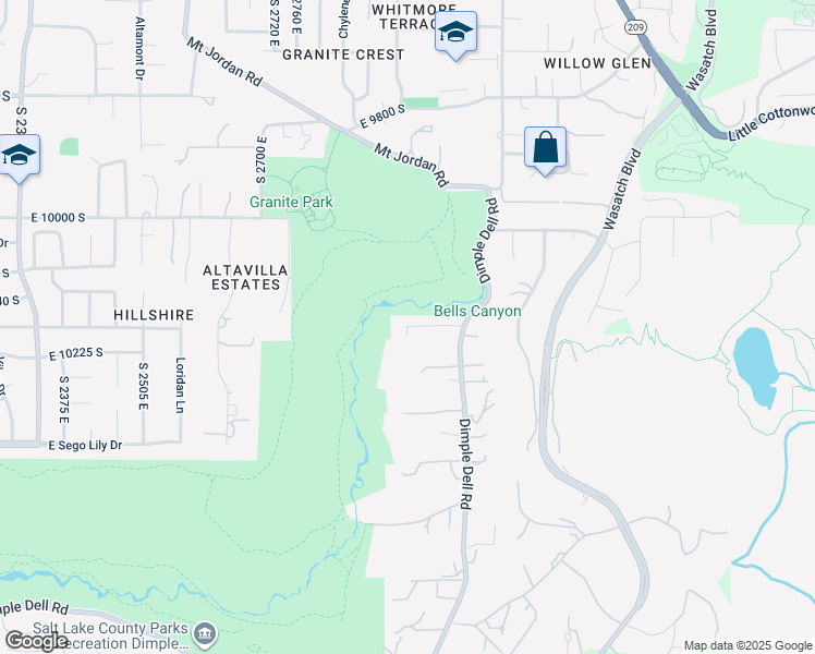 map of restaurants, bars, coffee shops, grocery stores, and more near 2548 Dimple Dell Lane in Sandy