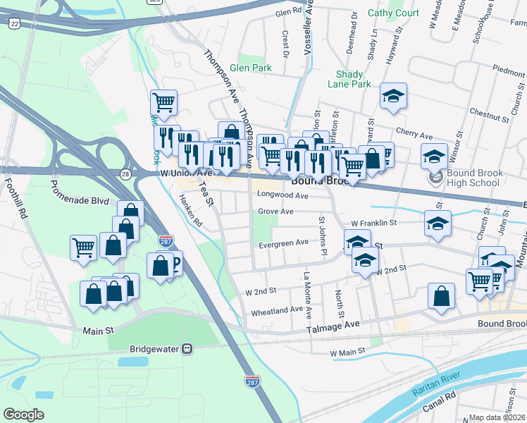 map of restaurants, bars, coffee shops, grocery stores, and more near 10 Thompson Avenue in Bound Brook