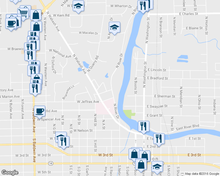 map of restaurants, bars, coffee shops, grocery stores, and more near 221 West Mulberry Street in Marion