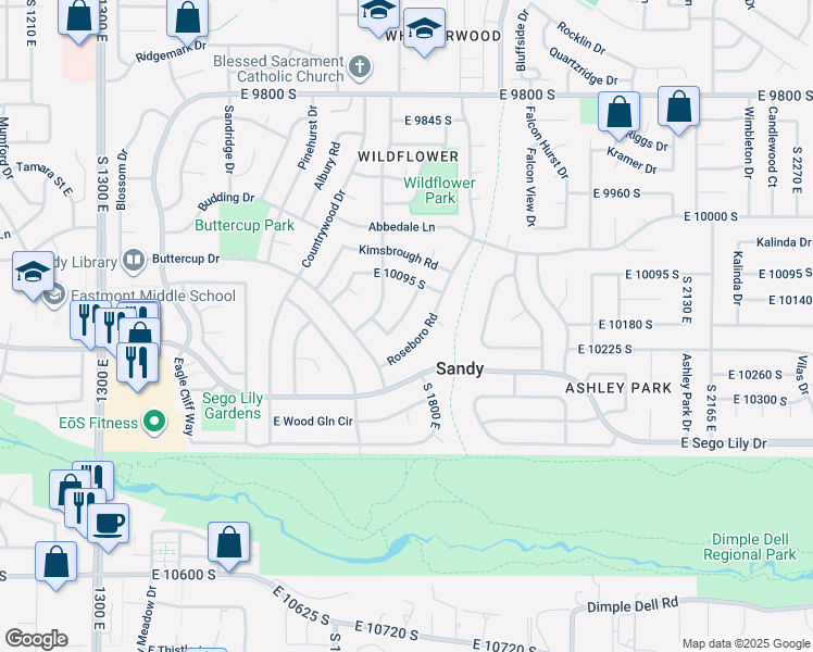 map of restaurants, bars, coffee shops, grocery stores, and more near 10177 Millbury Way in Sandy