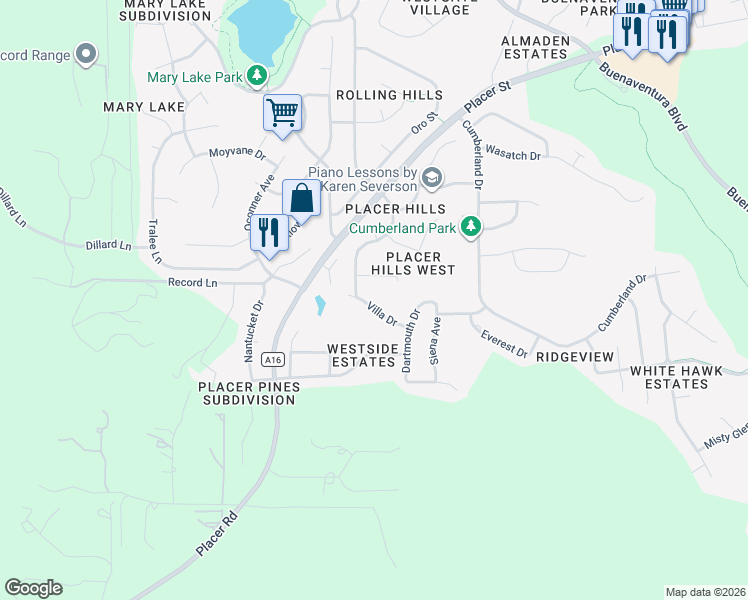 map of restaurants, bars, coffee shops, grocery stores, and more near 4160 Villa Drive in Redding