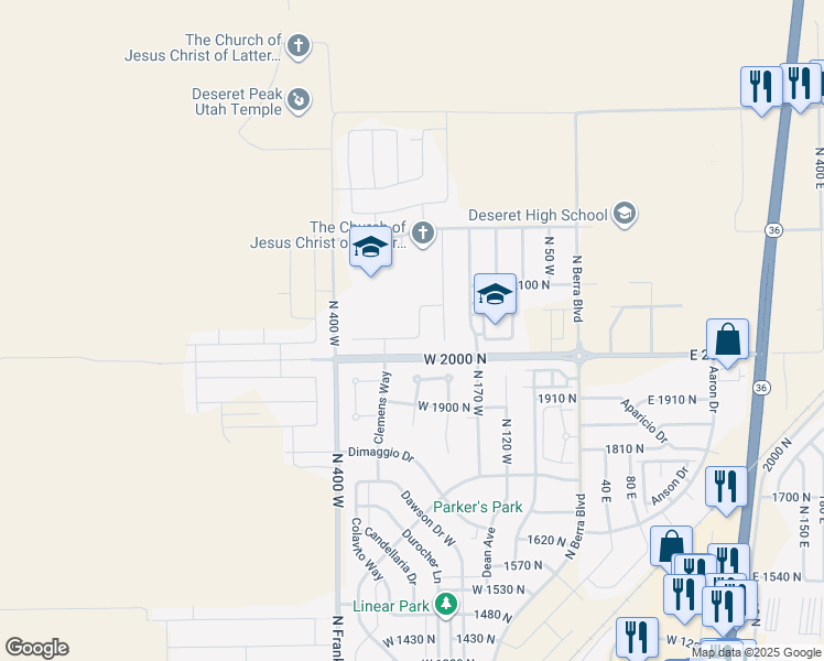 map of restaurants, bars, coffee shops, grocery stores, and more near 2117 North 170 West in Tooele