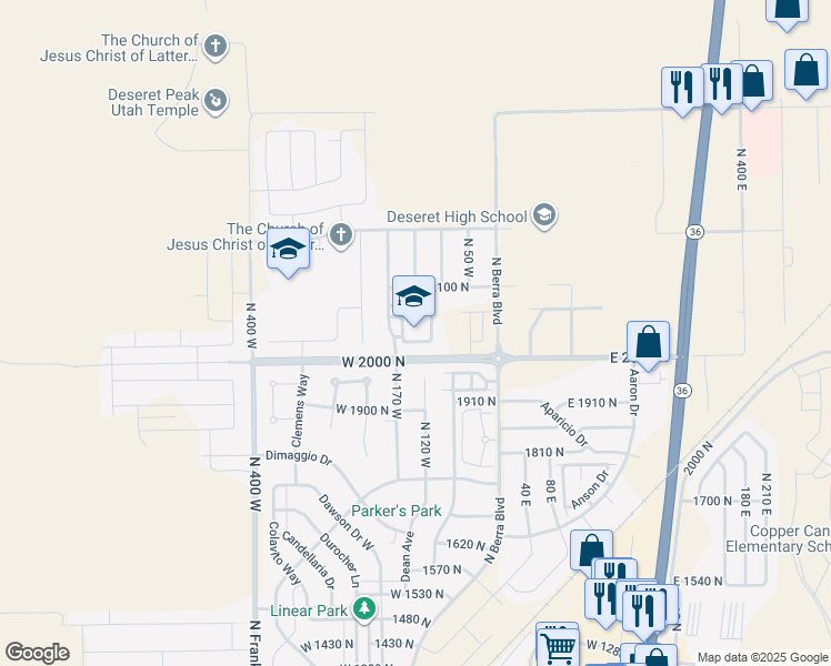 map of restaurants, bars, coffee shops, grocery stores, and more near 2052 North 170 West in Tooele