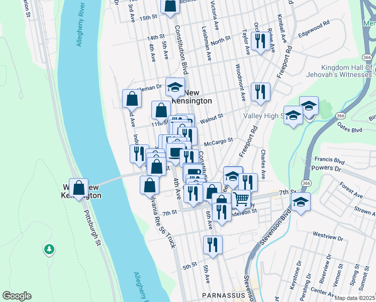 map of restaurants, bars, coffee shops, grocery stores, and more near in New Kensington