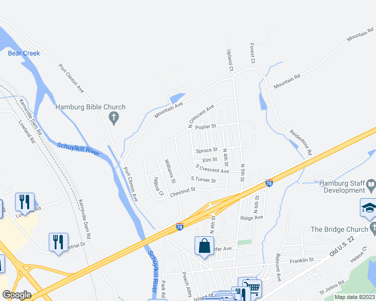 map of restaurants, bars, coffee shops, grocery stores, and more near 700 North Crescent Avenue in Hamburg