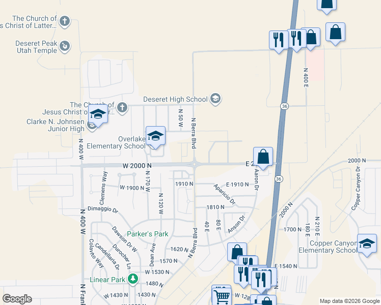 map of restaurants, bars, coffee shops, grocery stores, and more near 2042 North Essie Drive in Tooele