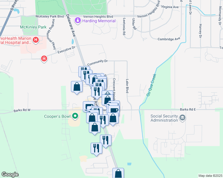 map of restaurants, bars, coffee shops, grocery stores, and more near 1271 Crescent Heights Road in Marion