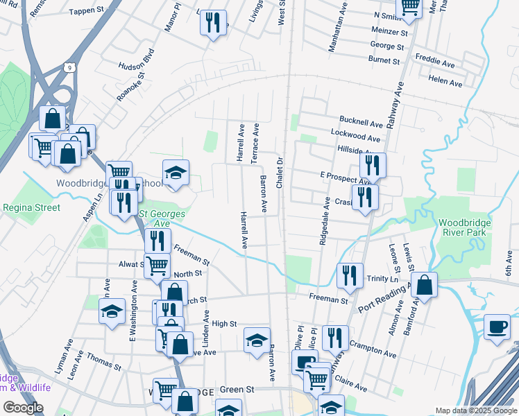 map of restaurants, bars, coffee shops, grocery stores, and more near 733 Barron Avenue in Woodbridge Township