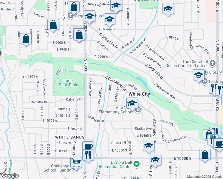 map of restaurants, bars, coffee shops, grocery stores, and more near 10195 Amaryllis Street in Sandy