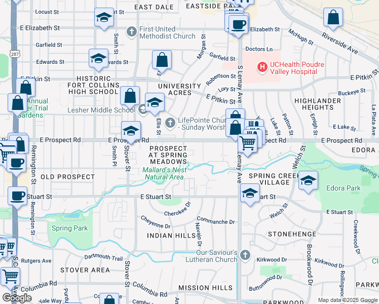 map of restaurants, bars, coffee shops, grocery stores, and more near 845 Apex Drive in Fort Collins