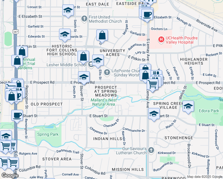 map of restaurants, bars, coffee shops, grocery stores, and more near in Fort Collins