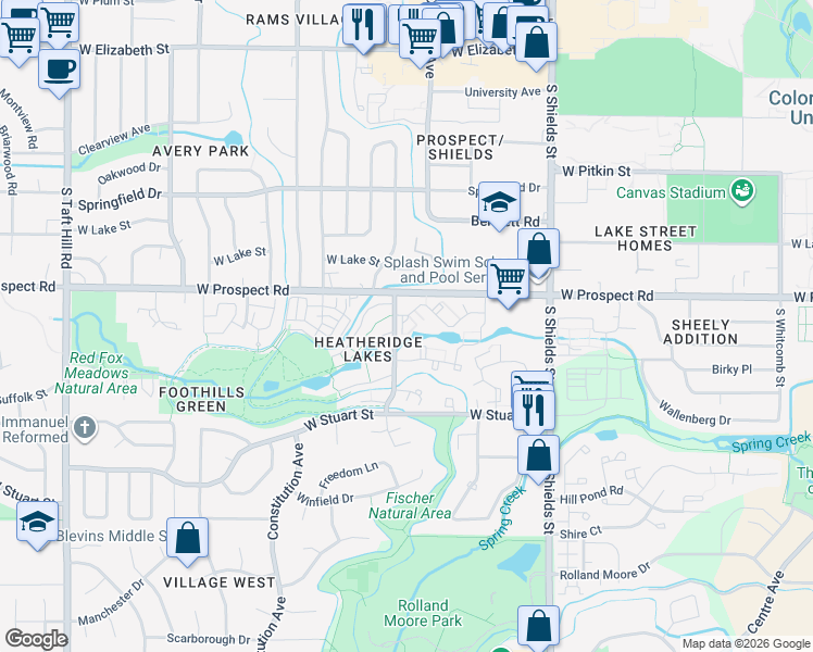 map of restaurants, bars, coffee shops, grocery stores, and more near 1225 West Prospect Road in Fort Collins