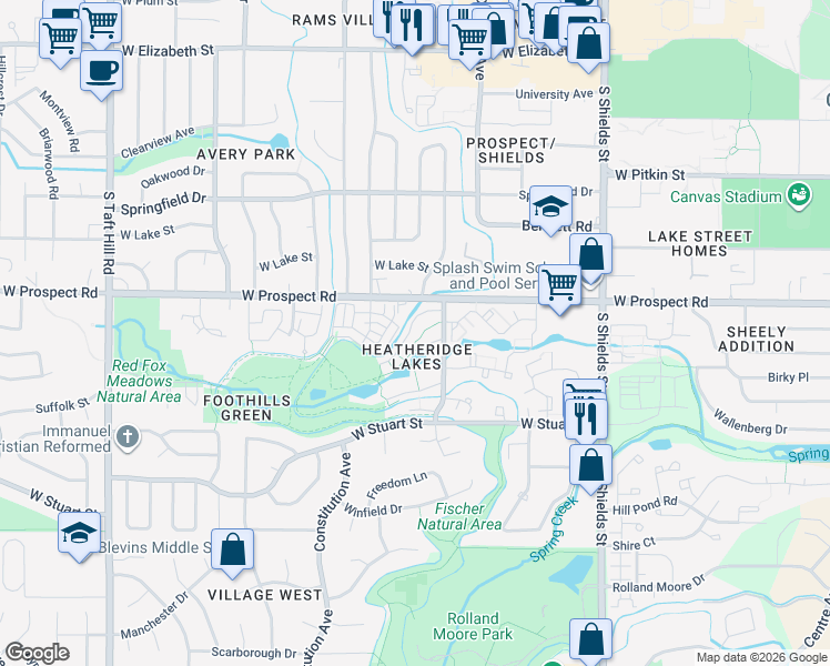map of restaurants, bars, coffee shops, grocery stores, and more near in Fort Collins