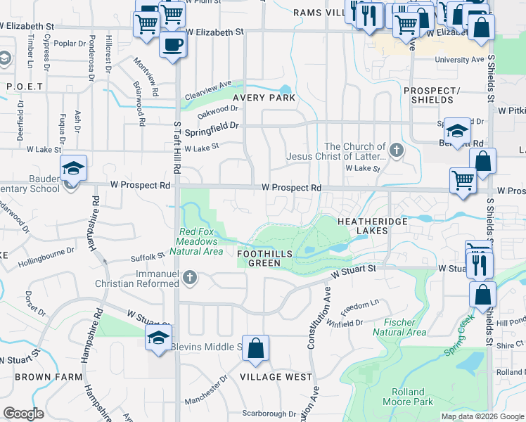 map of restaurants, bars, coffee shops, grocery stores, and more near 16 Westbridge Drive in Fort Collins