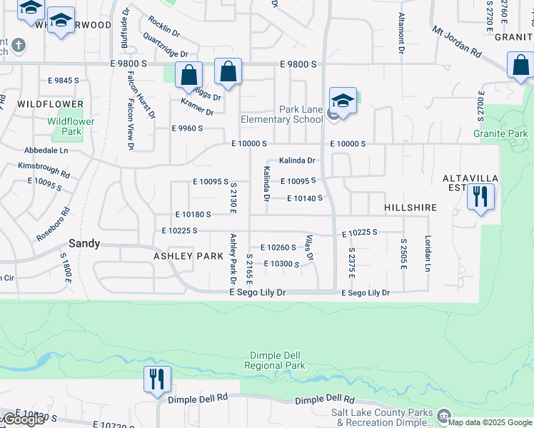 map of restaurants, bars, coffee shops, grocery stores, and more near 2196 Karalee Way in Sandy