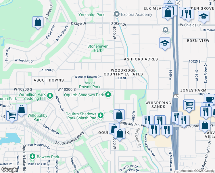 map of restaurants, bars, coffee shops, grocery stores, and more near 10192 Ascot Downs Court in South Jordan