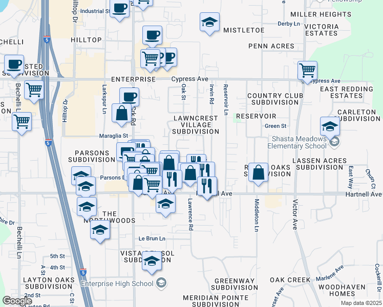 map of restaurants, bars, coffee shops, grocery stores, and more near 2846 Alfreda Way in Redding