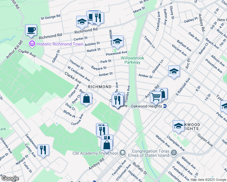 map of restaurants, bars, coffee shops, grocery stores, and more near 7 West Cedarview Avenue in Staten Island