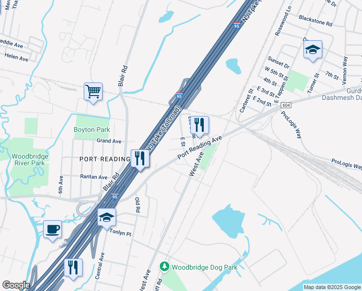 map of restaurants, bars, coffee shops, grocery stores, and more near 455 Port Reading Avenue in Woodbridge Township