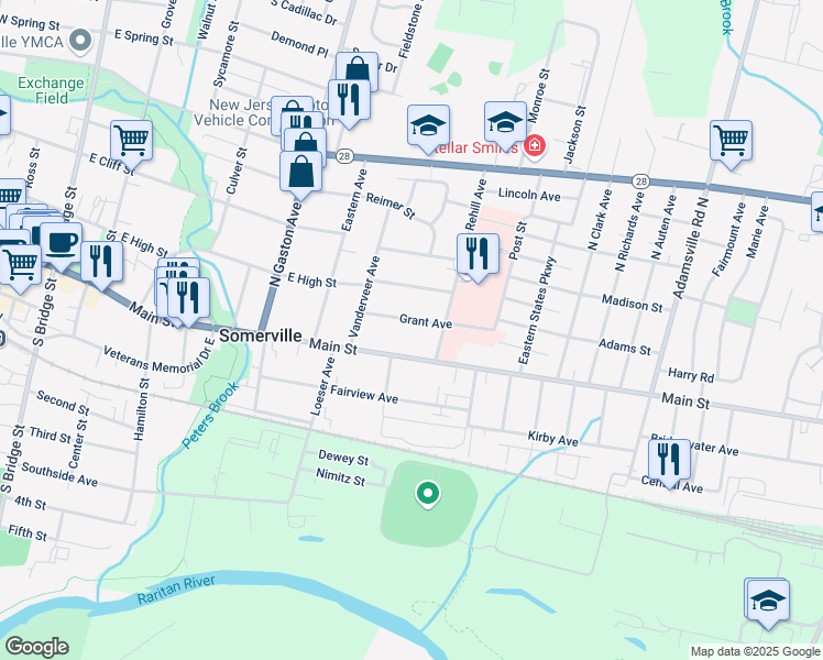 map of restaurants, bars, coffee shops, grocery stores, and more near 319 East Main Street in Somerville
