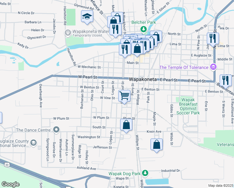 map of restaurants, bars, coffee shops, grocery stores, and more near 409 South Blackhoof Street in Wapakoneta