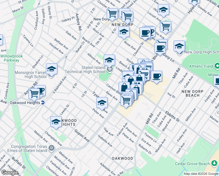 map of restaurants, bars, coffee shops, grocery stores, and more near 190 Cannon Boulevard in Staten Island