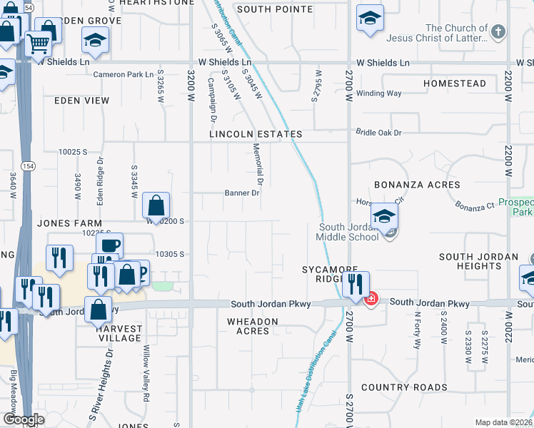 map of restaurants, bars, coffee shops, grocery stores, and more near 10173 Memorial Drive in South Jordan
