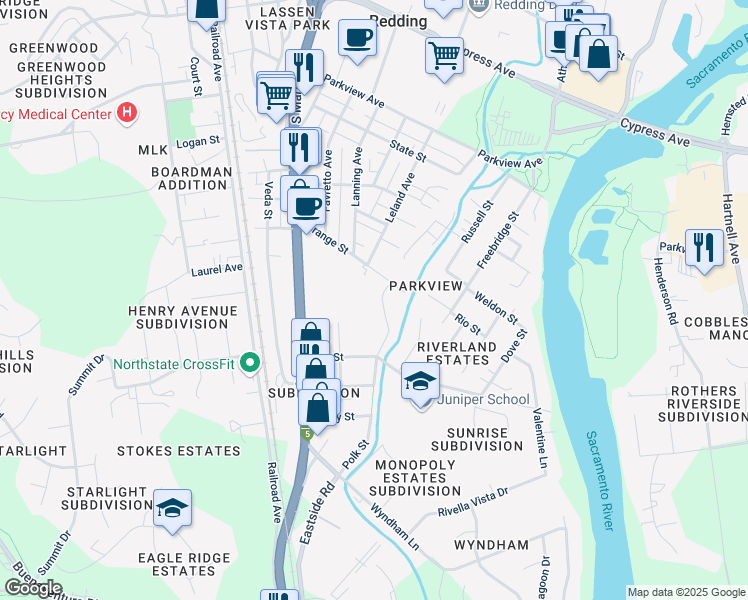 map of restaurants, bars, coffee shops, grocery stores, and more near 2900 Polk Street in Redding