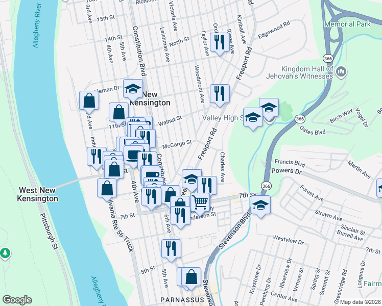 map of restaurants, bars, coffee shops, grocery stores, and more near 237 Freeport Road in New Kensington
