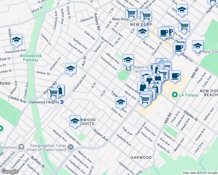 map of restaurants, bars, coffee shops, grocery stores, and more near 417 Tysens Lane in Staten Island