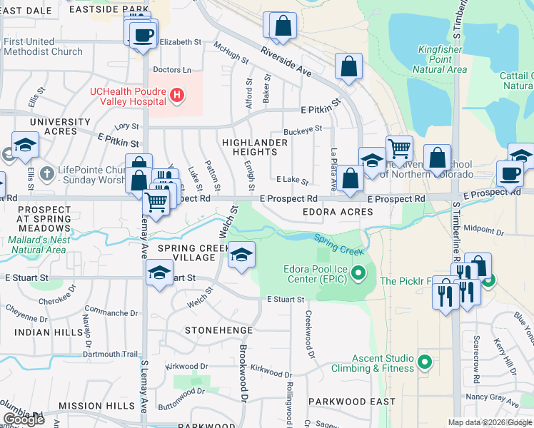 map of restaurants, bars, coffee shops, grocery stores, and more near 1419 Edora Rd in Fort Collins