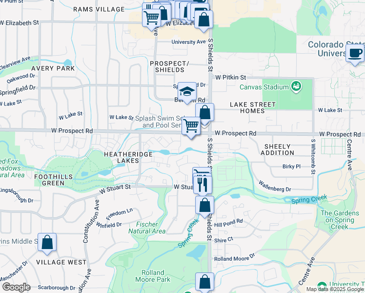 map of restaurants, bars, coffee shops, grocery stores, and more near 1127 West Prospect Road in Fort Collins