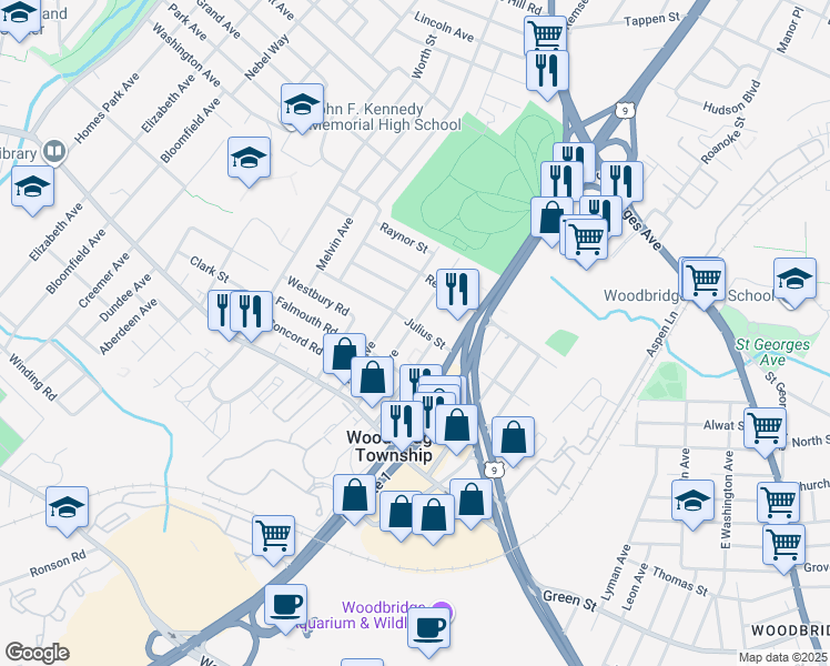 map of restaurants, bars, coffee shops, grocery stores, and more near 138 Brown Avenue in Woodbridge Township