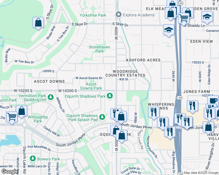 map of restaurants, bars, coffee shops, grocery stores, and more near 10192 Ascot Downs Court in South Jordan