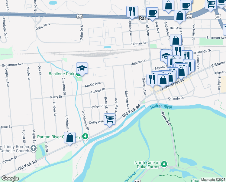 map of restaurants, bars, coffee shops, grocery stores, and more near 136 Weiss Terrace in Raritan