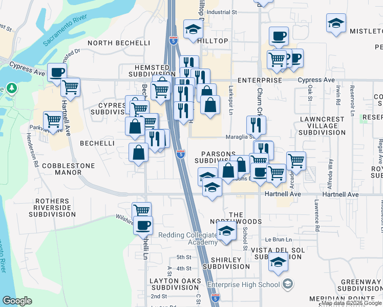 map of restaurants, bars, coffee shops, grocery stores, and more near 2827 June Street in Redding