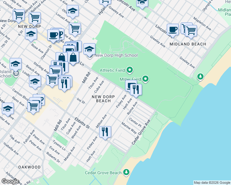 map of restaurants, bars, coffee shops, grocery stores, and more near 33 Milton Avenue in Staten Island