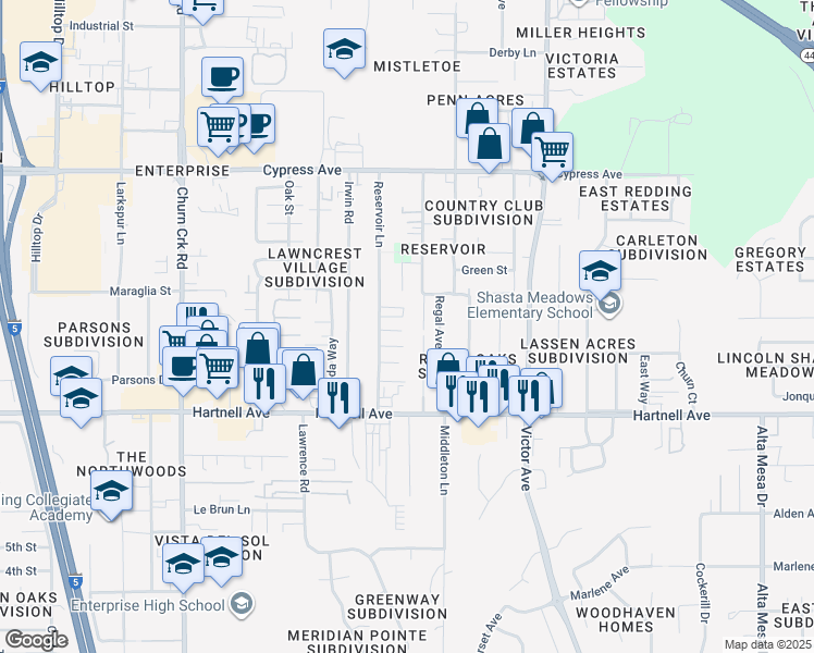 map of restaurants, bars, coffee shops, grocery stores, and more near 2837 Reservoir Lane in Redding