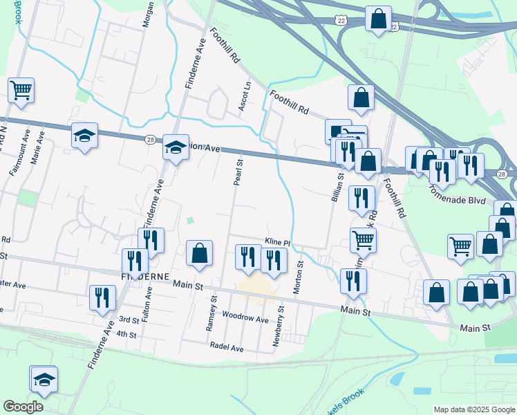 map of restaurants, bars, coffee shops, grocery stores, and more near 110 Pearl Street in Bridgewater