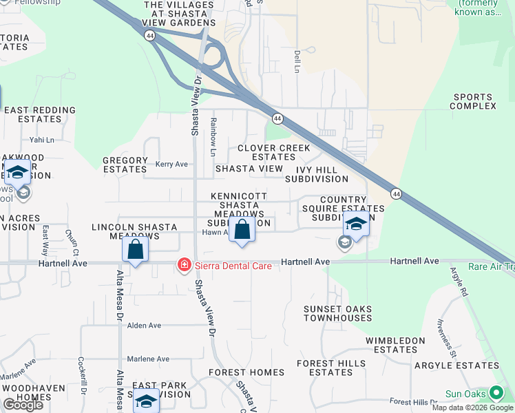 map of restaurants, bars, coffee shops, grocery stores, and more near 2637 Wilson Avenue in Redding