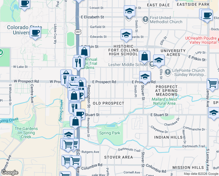 map of restaurants, bars, coffee shops, grocery stores, and more near 1613 Peterson Place in Fort Collins