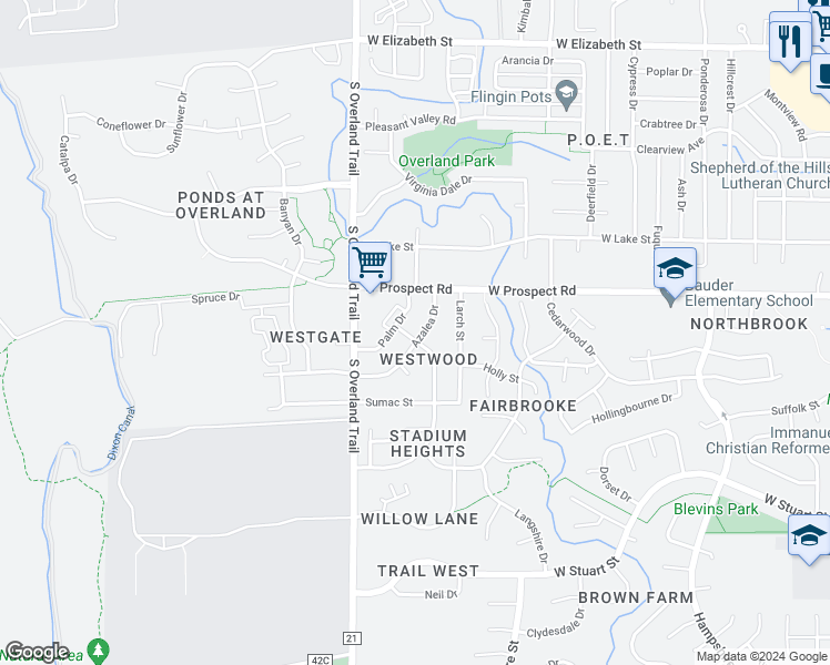 map of restaurants, bars, coffee shops, grocery stores, and more near 1701 Azalea Drive in Fort Collins