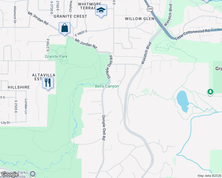 map of restaurants, bars, coffee shops, grocery stores, and more near 10202 Dimpleview Lane in Sandy