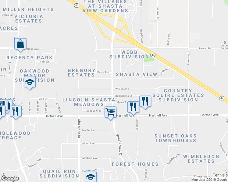map of restaurants, bars, coffee shops, grocery stores, and more near in Redding